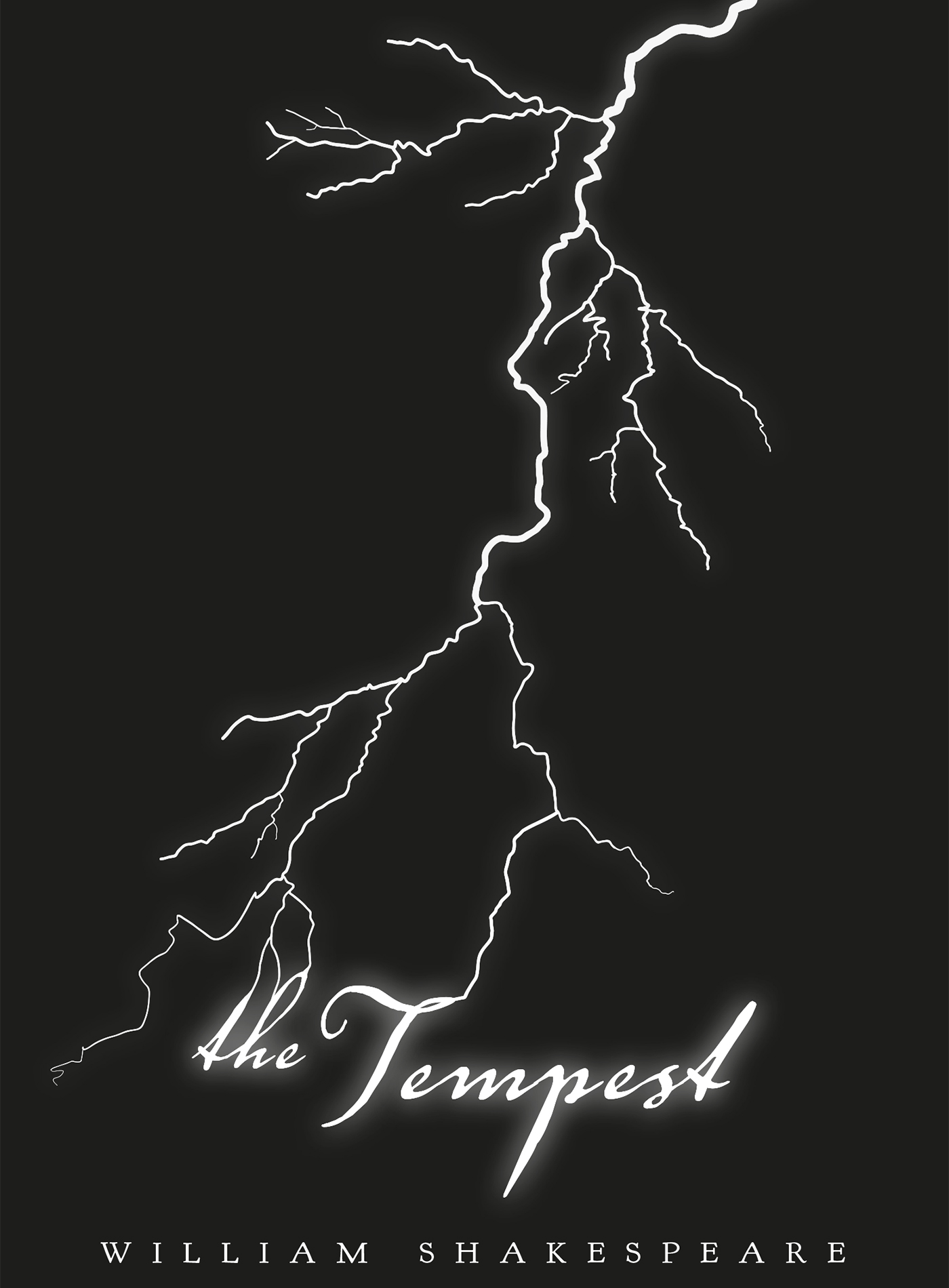 black rectangle with white lightning striking from top right to bottom text reading The Tempest, William Shakespeare.